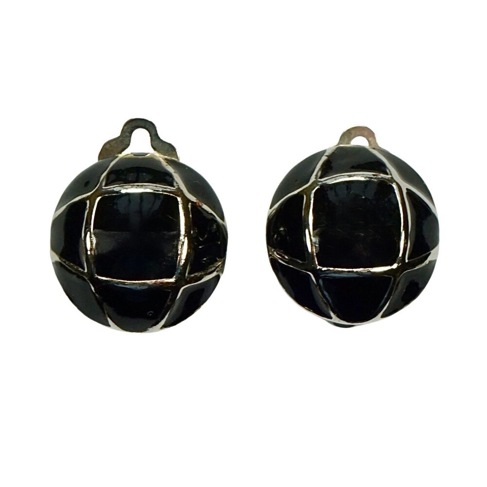 Silver Plated Black Enamel Round Clip On Earrings