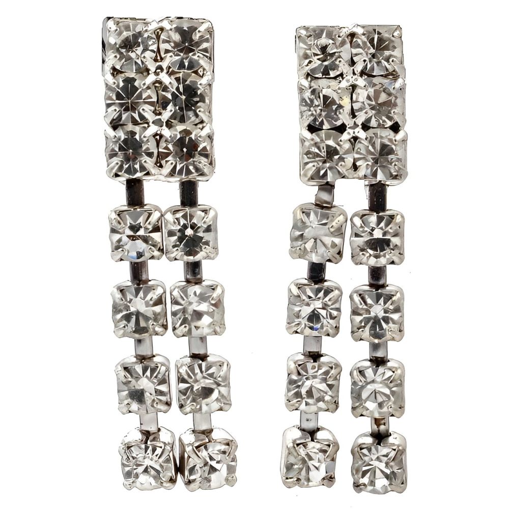 Silver Tone Diamante Drop Clip On Earrings circa 1960s