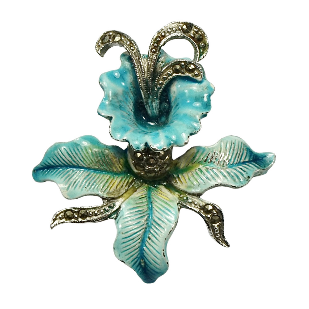 Silver Tone Turquoise Enamel and Marcasite Orchid Brooch