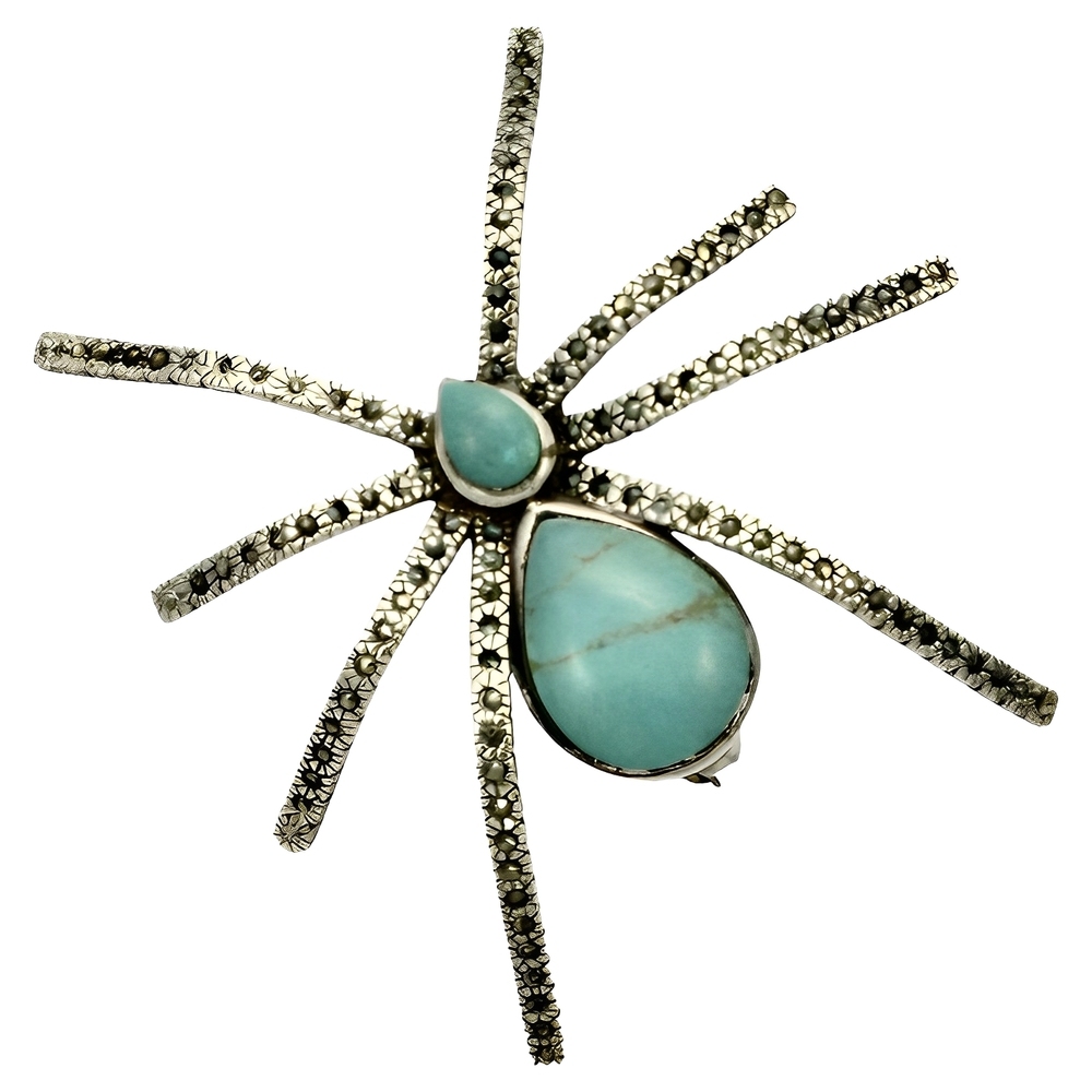 Sterling Silver Turquoise Marcasite Spider Brooch