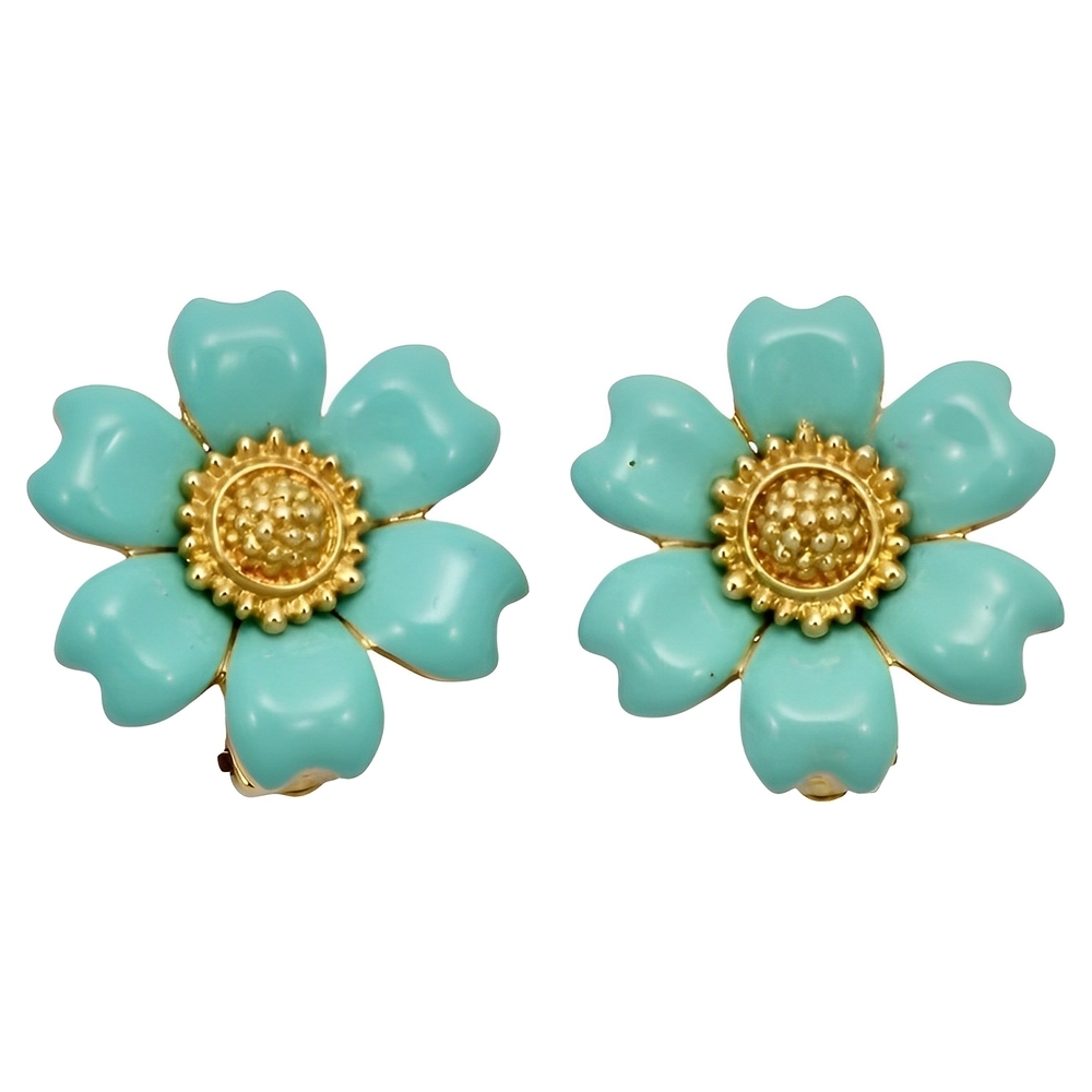 Gold Plated and Turquoise Enamel Flower Earrings