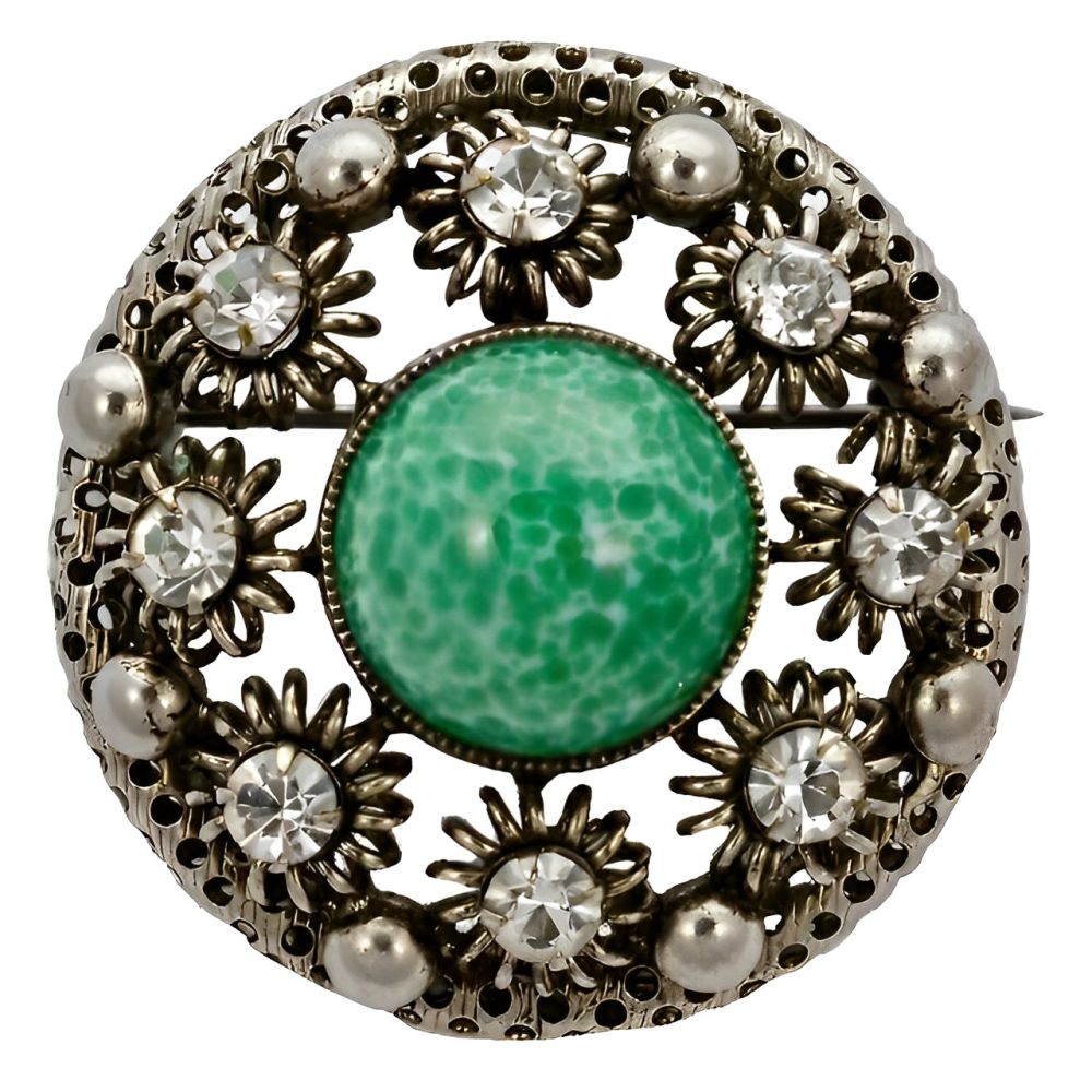 Vintage Silver Tone Green Glass and Clear Diamantes Brooch