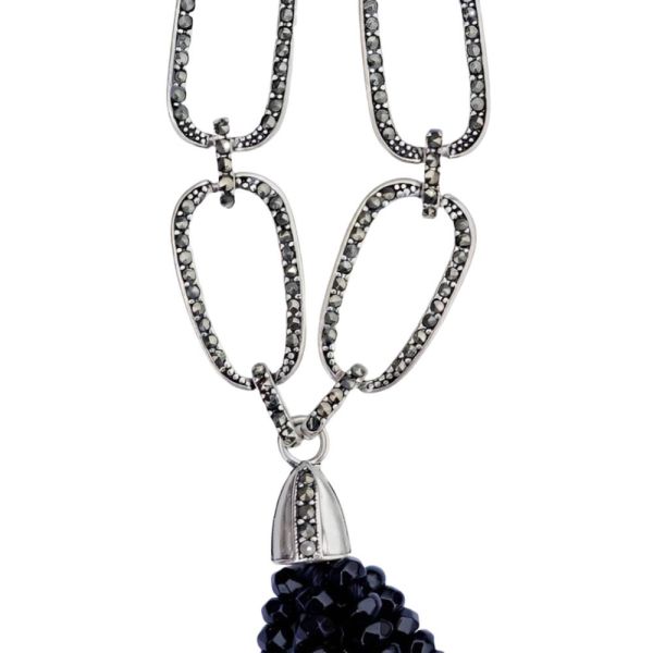 Monet Silver Tone Black Glass and Marcasite Tassel Necklace 1970s