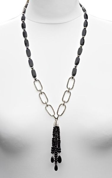 Monet Silver Tone Black Glass and Marcasite Tassel Necklace 1970s