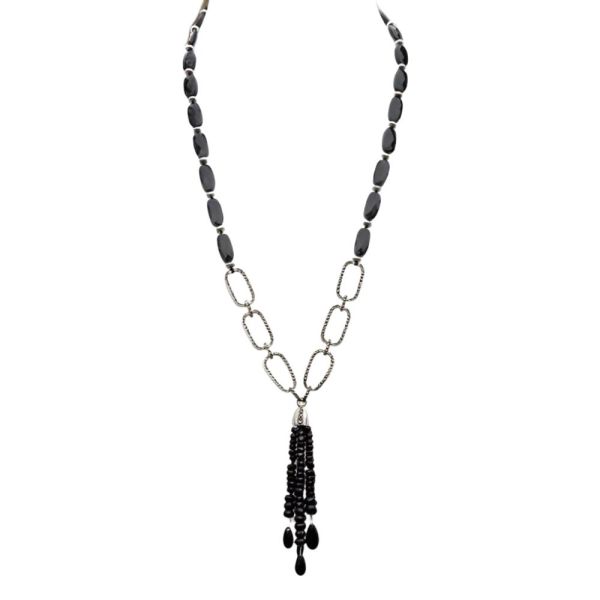 Monet Silver Tone Black Glass and Marcasite Tassel Necklace 1970s