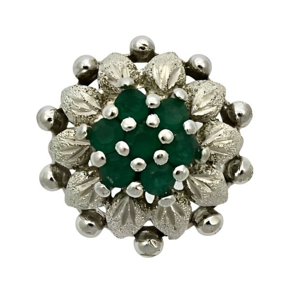 Ornate Silver Tone and Faux Emerald Ring circa 1960s