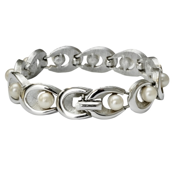 Trifari Brushed and Shiny Bracelet with Faux Pearls