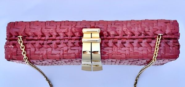 Rodo Italian Glazed Pink Wicker Bag with Gold Plated Fittings