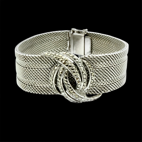 Silver Mesh Bracelet with a Swirl Marcasite Design