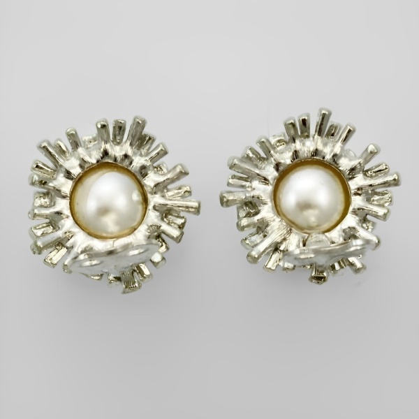 Silver Plated Faux Pearl Clip On Earrings circa 1980s