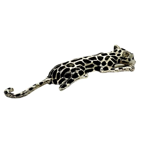 Silver Plated Black Enamel Leopard Brooch with Rhinestone Eyes