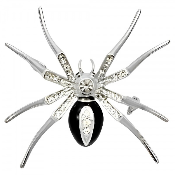 Silver Plated Clear Rhinestone and Black Enamel Spider Brooch
