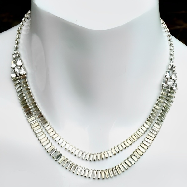 Silver Plated Baguette Rhinestone Necklace circa 1950s