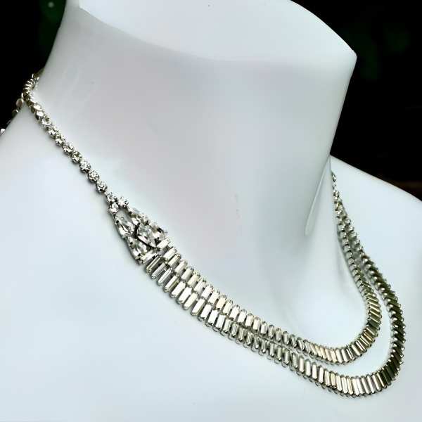 Silver Plated Baguette Rhinestone Necklace circa 1950s