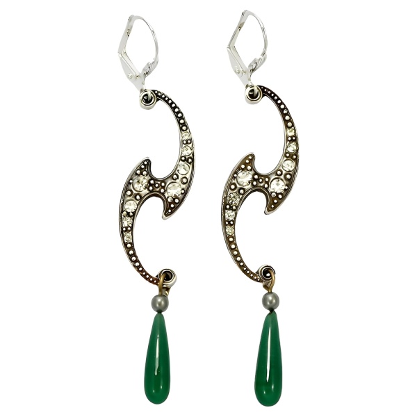 Rhinestone Lever Back Earrings with Green Glass Drops