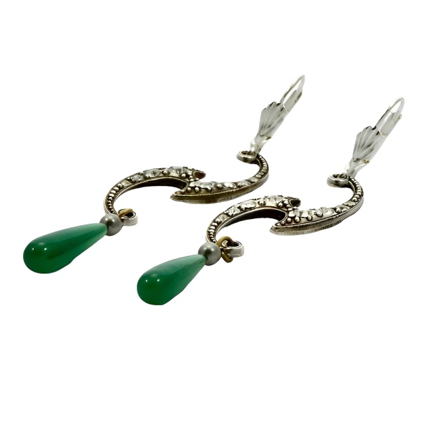 Rhinestone Lever Back Earrings with Green Glass Drops