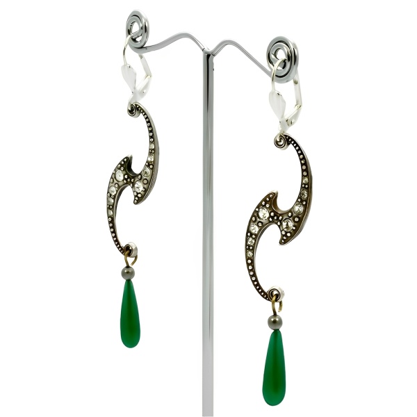 Rhinestone Lever Back Earrings with Green Glass Drops