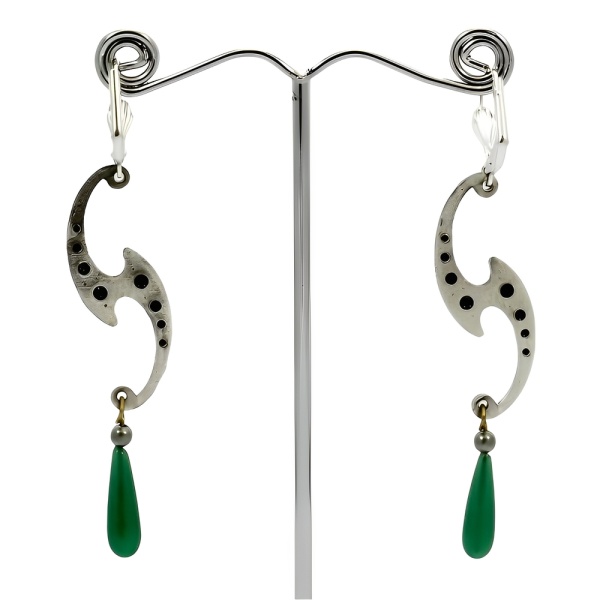 Rhinestone Lever Back Earrings with Green Glass Drops