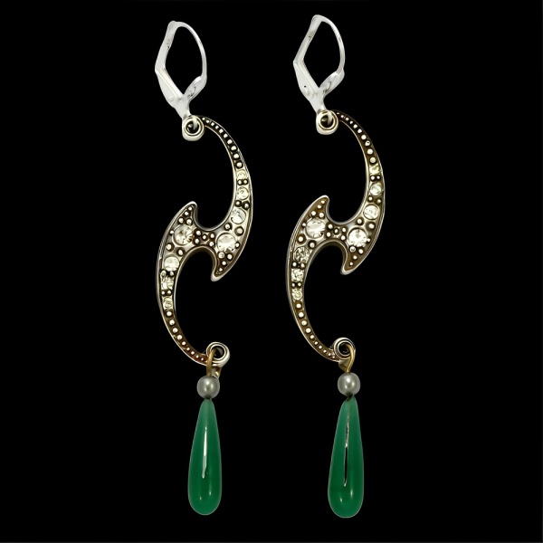 Rhinestone Lever Back Earrings with Green Glass Drops