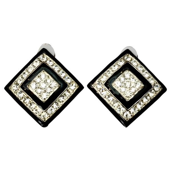 Black Enamel Rhinestone Clip On Statement Earrings