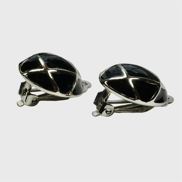 Silver Plated Black Enamel Round Clip On Earrings