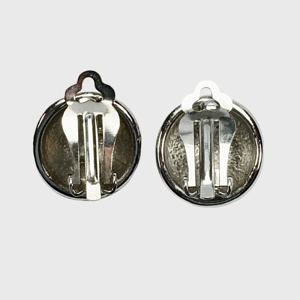 Silver Plated Black Enamel Round Clip On Earrings