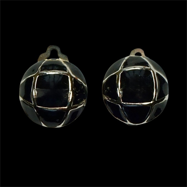 Silver Plated Black Enamel Round Clip On Earrings