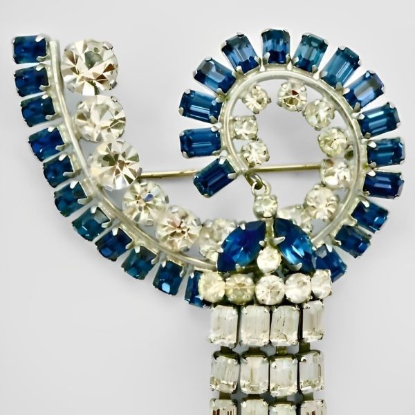 Silver Tone Brooch with Mid Blue Rhinestones circa 1960s