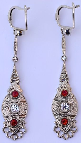 Silver Tone Clear Red Diamante Drop Earrings, circa 1940s