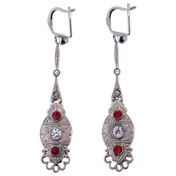 Silver Tone Clear Red Diamante Drop Earrings, circa 1940s