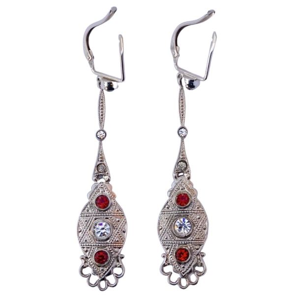 Silver Tone Clear Red Diamante Drop Earrings, circa 1940s