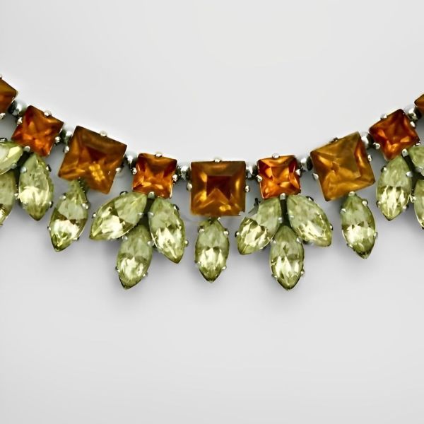 Silver Tone Orange and Lemon Rhinestone Necklace circa 1950s