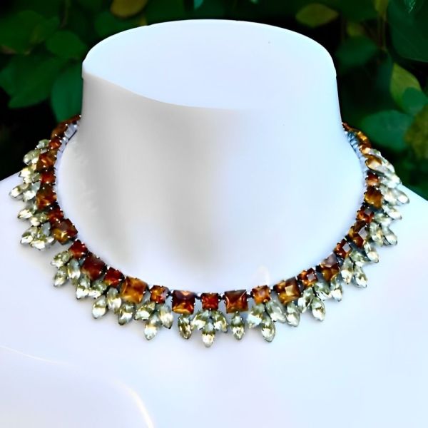 Silver Tone Orange and Lemon Rhinestone Necklace circa 1950s