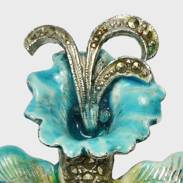 Silver Tone Turquoise Enamel and Marcasite Orchid Brooch