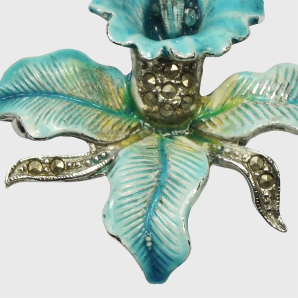 Silver Tone Turquoise Enamel and Marcasite Orchid Brooch