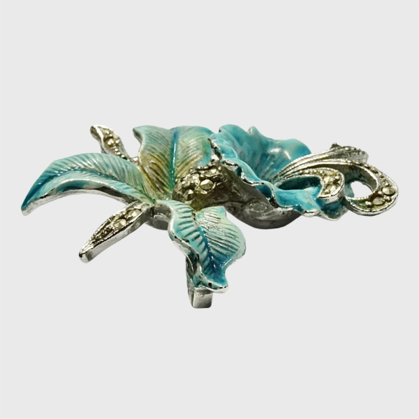 Silver Tone Turquoise Enamel and Marcasite Orchid Brooch