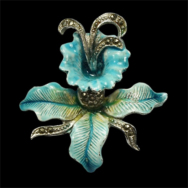 Silver Tone Turquoise Enamel and Marcasite Orchid Brooch