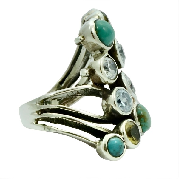 Sterling Silver Ring Turquoise, Citrine, Topaz and Crystal