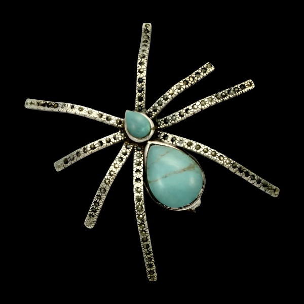 Sterling Silver Turquoise Marcasite Spider Brooch