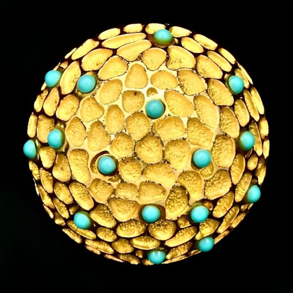 Gold Plated Faux Turquoise Glass Dome Brooch circa 1970s