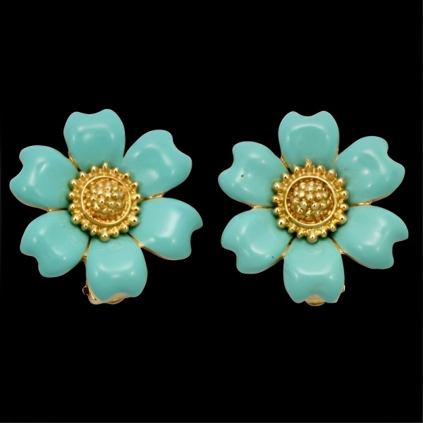 Gold Plated and Turquoise Enamel Flower Earrings