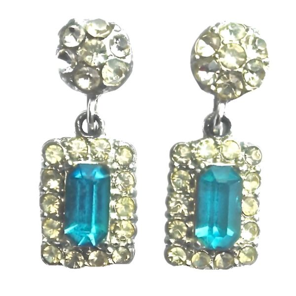 Vintage Aqua Blue and Clear Diamante Drop Earrings