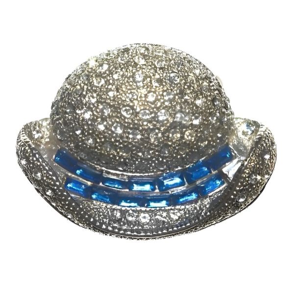 Vintage Silver Tone Azure Blue Clear Diamante Hat Brooch