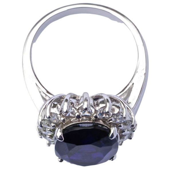 Vintage Silver Tone Dark Blue Glass and Clear Diamante Ring