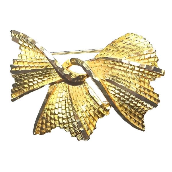 Vintage Textured Gold Tone Bow Brooch